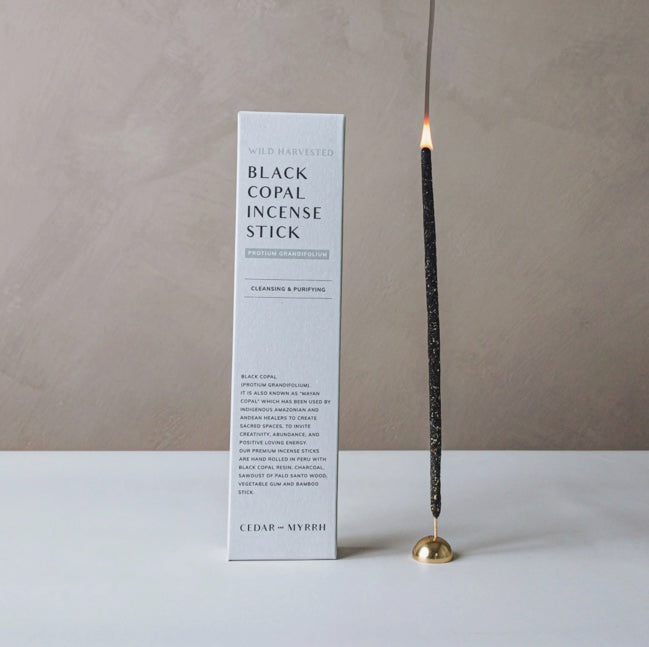 Black Copal Incense Stick next to box by Cedar + Myrrh