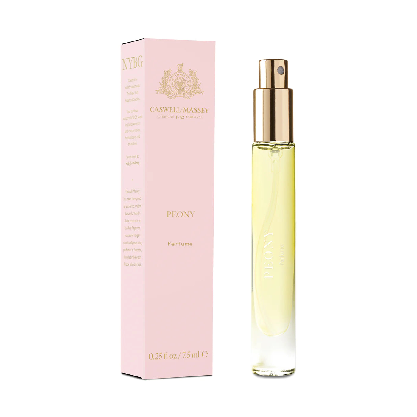 Caswell Massey Peony Perfume in elegant glass bottle with pink box, featuring golden accents and clear yellow fragrance