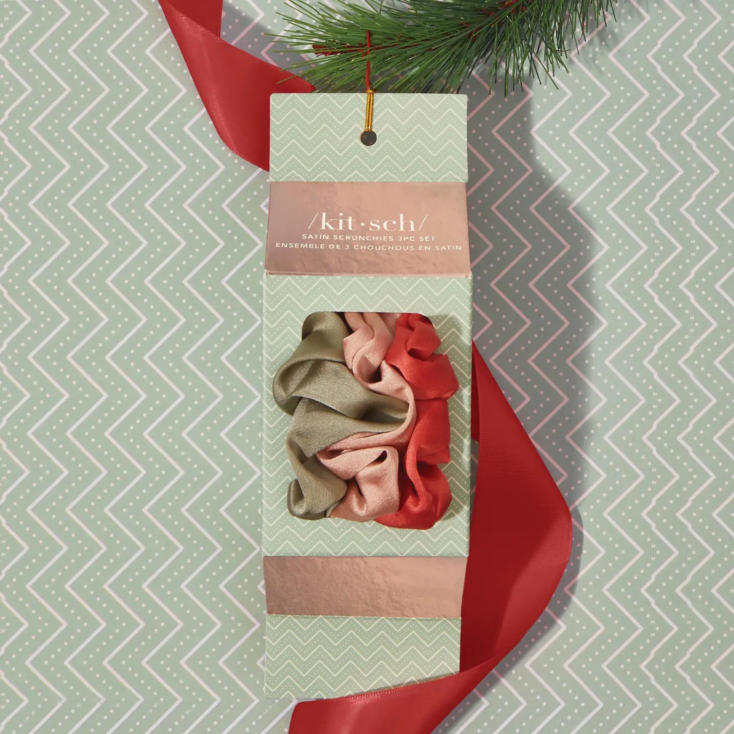 Kitsch Holiday Ornament Satin Scrunchies 3pc. Set- Pinksettia