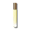 Peony Perfume in elegant glass rollerball bottle with gold cap, filled with light yellow fragrant liquid