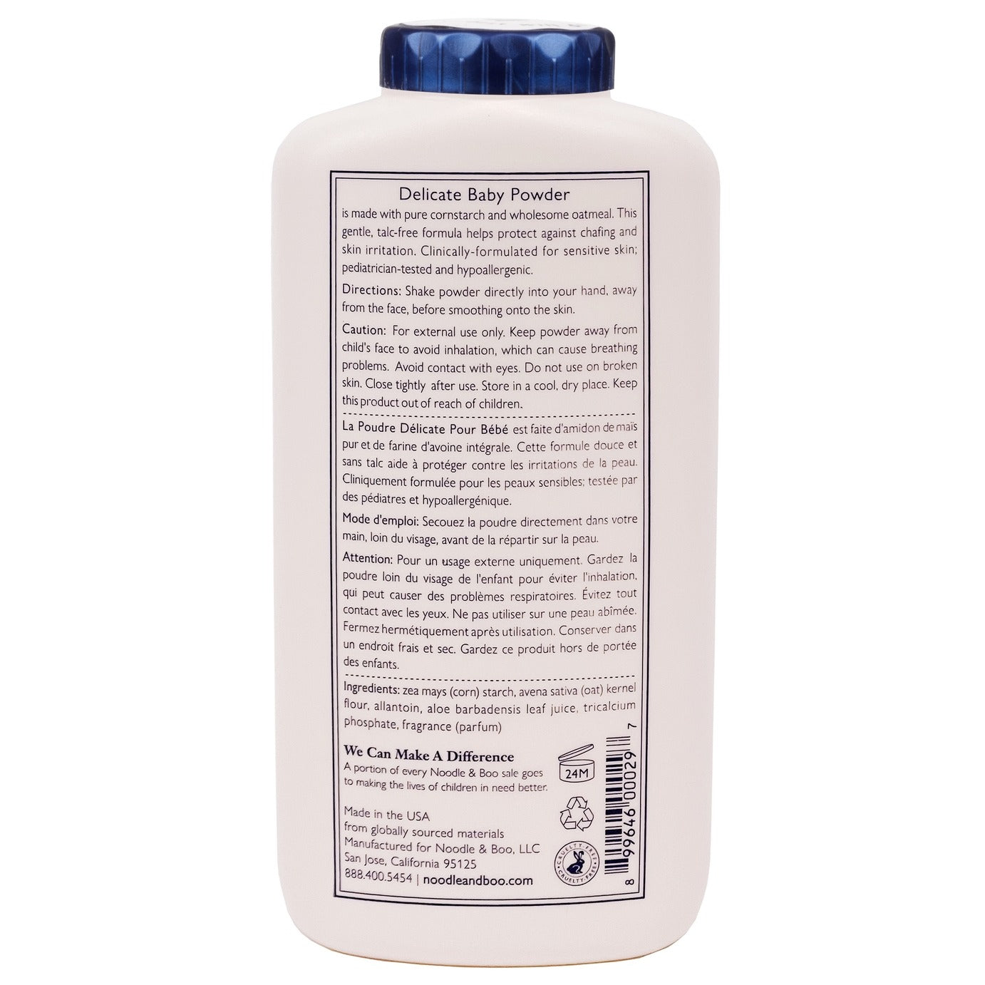 Back of a baby powder container with text and branding on a white background