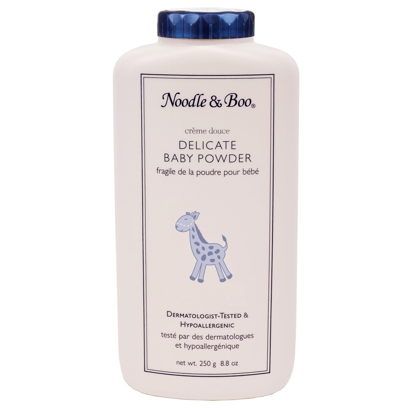 Noodle & Boo baby powder bottle with blue cap on a white background