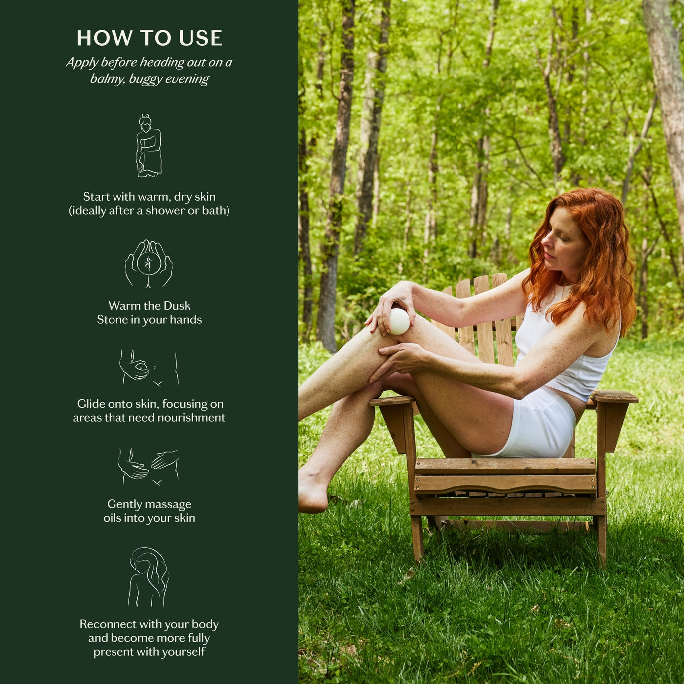 Woman sitting on a wooden chair outdoors with skincare product application instructions on a green background