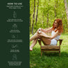 Woman sitting on a wooden chair outdoors with skincare product application instructions on a green background