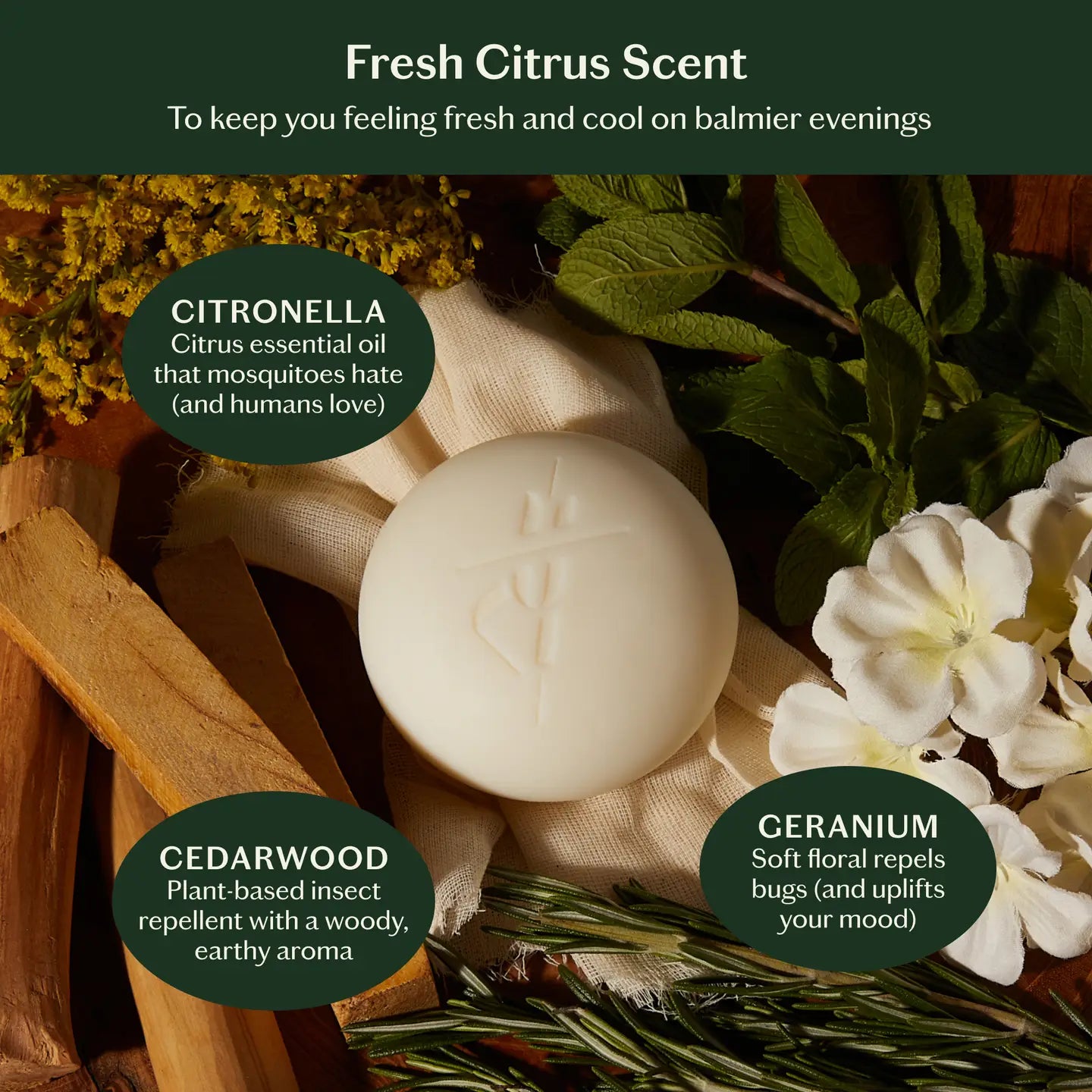 Soap bar with botanical elements and text about fresh citrus scent and ingredients.
