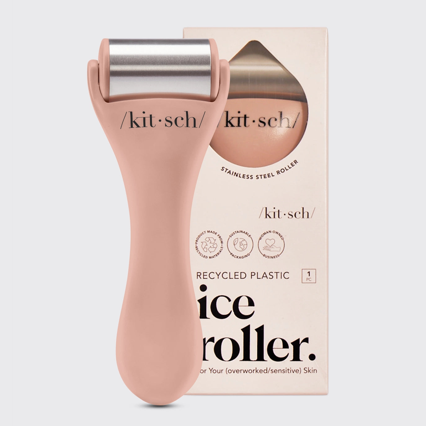 Kitsch ice roller with packaging on a light gray background