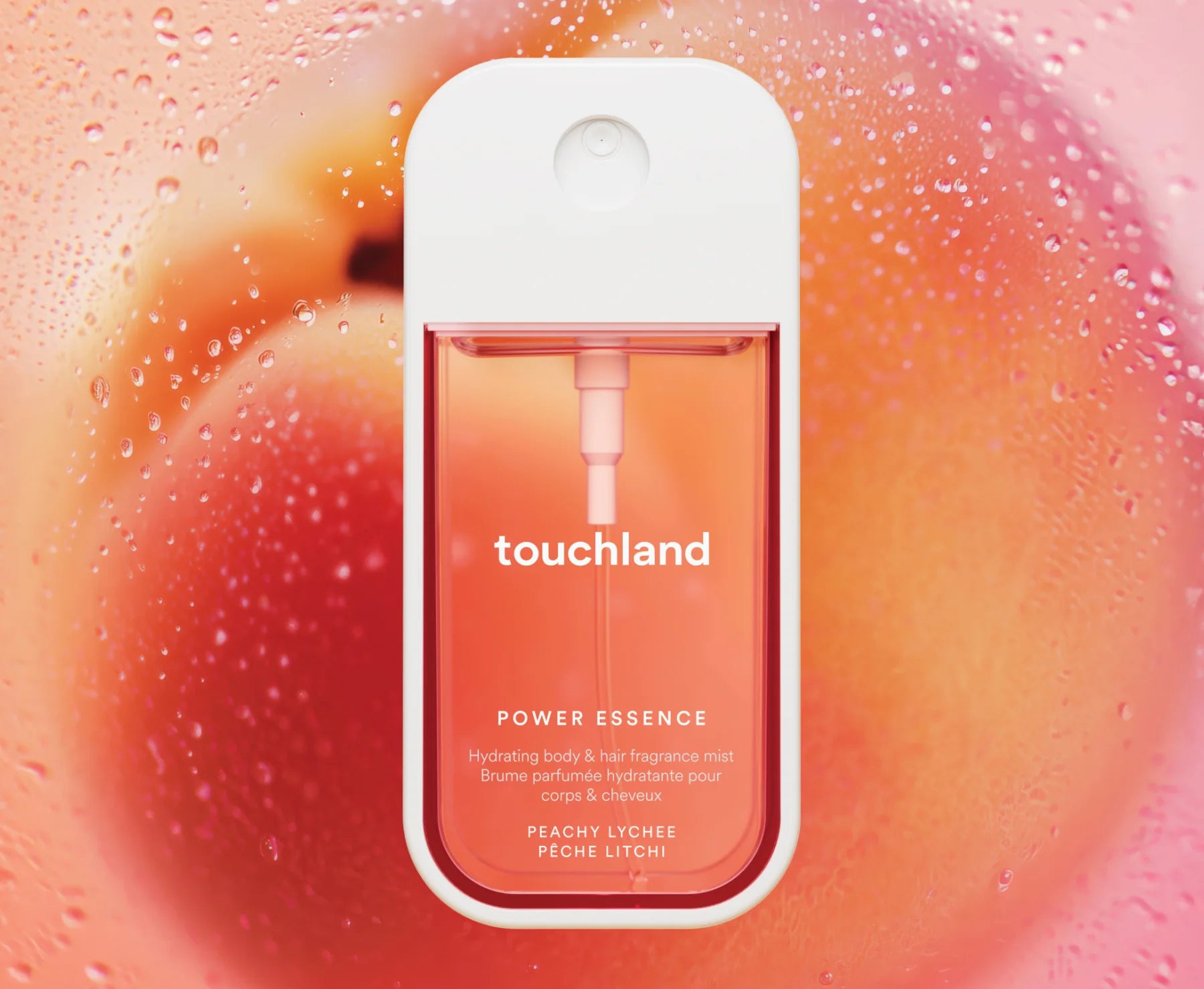 Touchland Power Essence bottle on a colorful background