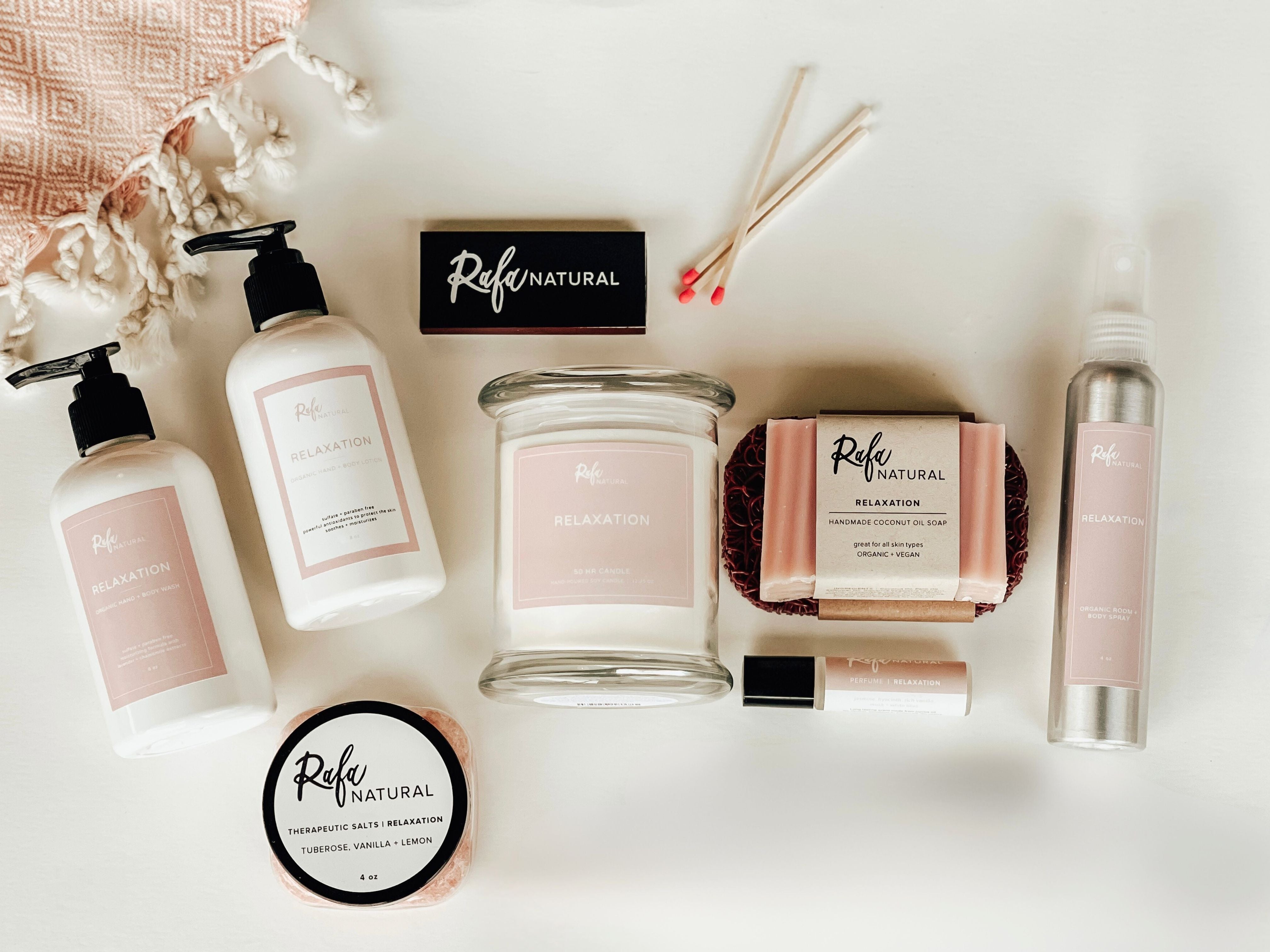 Collection of Refe Natural skincare and wellness products on a light background