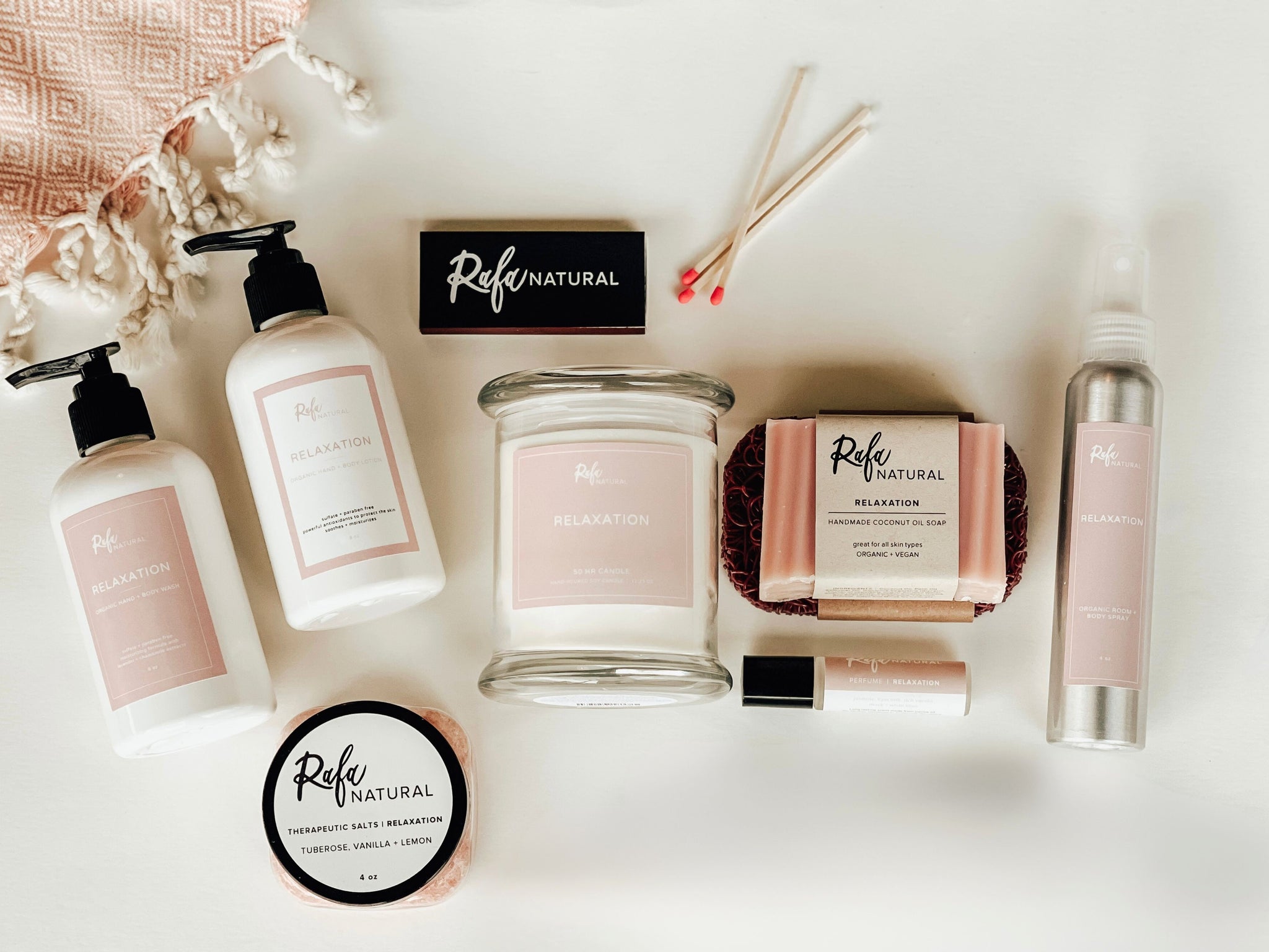 Collection of Refe Natural skincare and wellness products on a light background