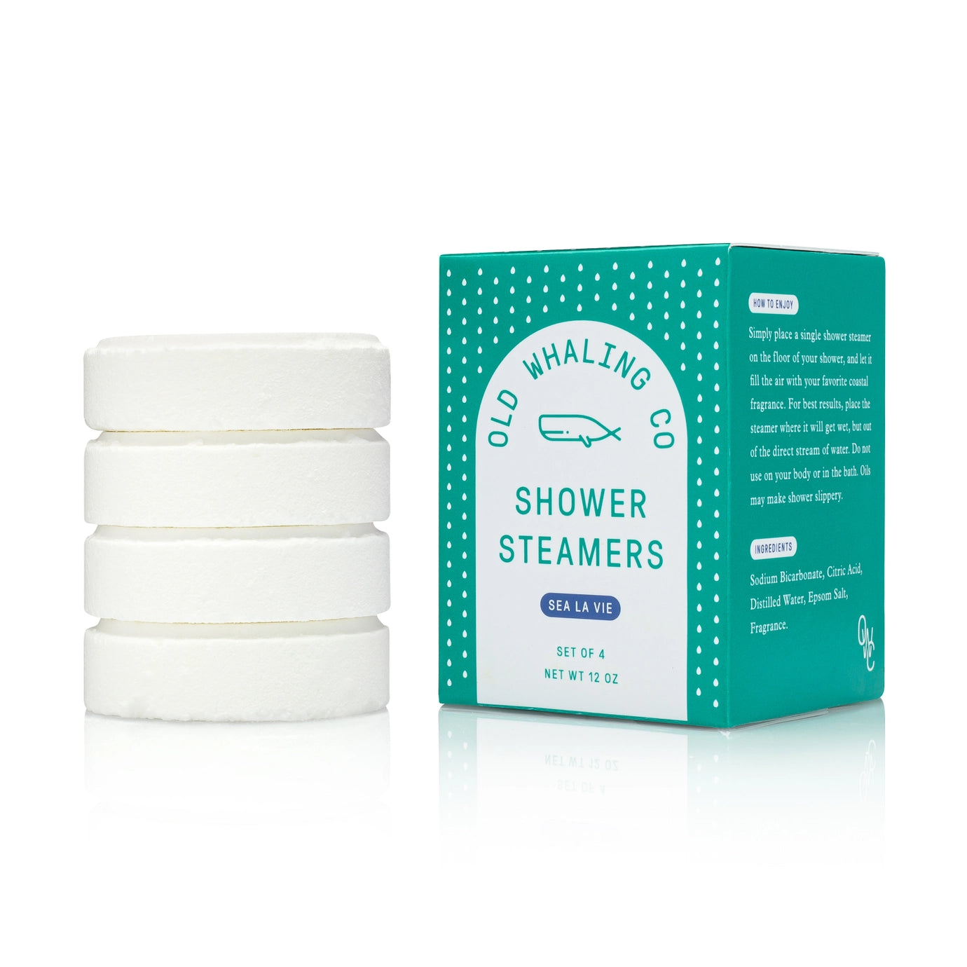 Set of white shower steamers with a green and white box labeled 'Old Whaling' on a white background.