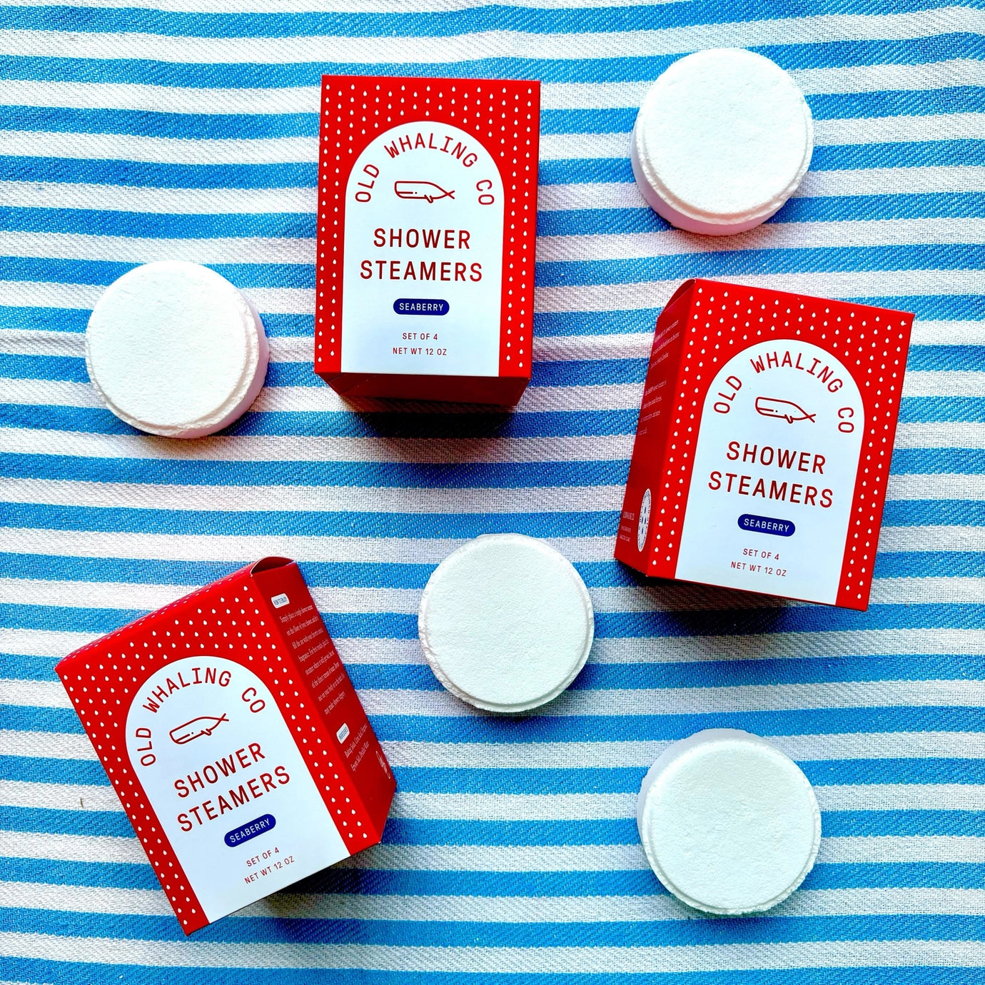 Old Whaling Co. shower steamers on a blue and white striped background