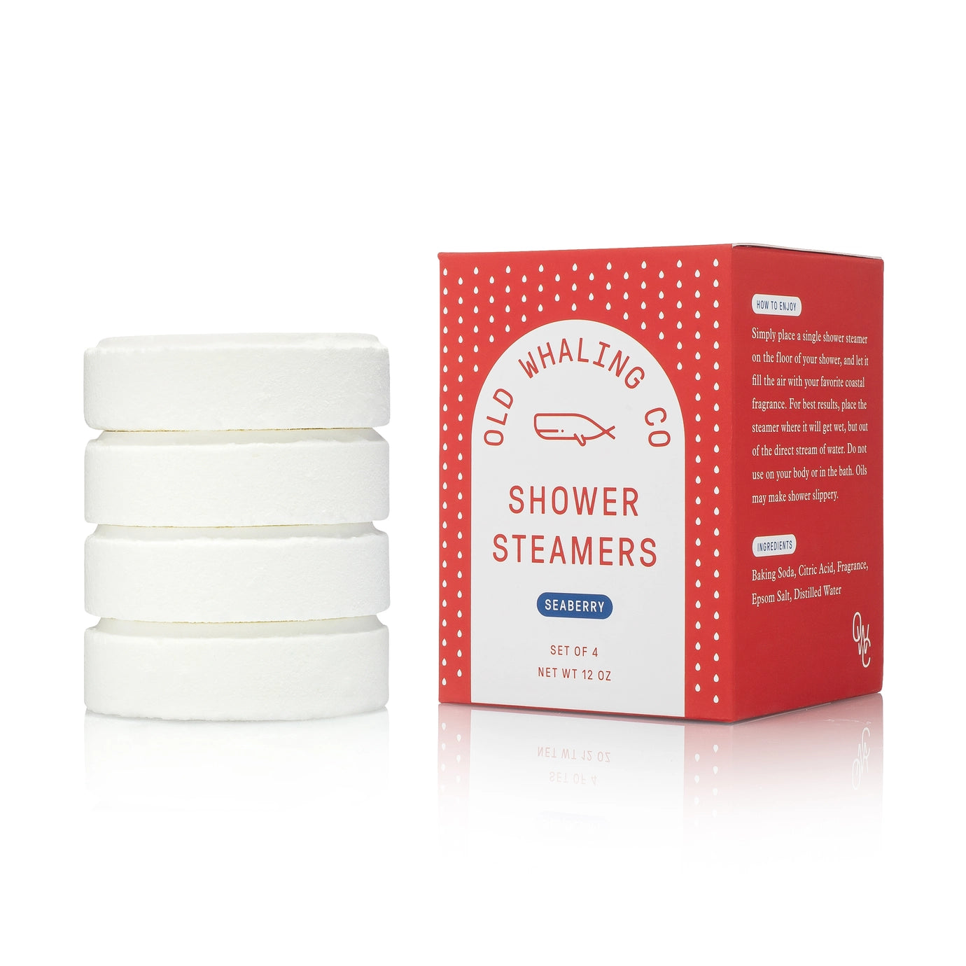 Set of white shower steamers with a red and white box labeled 'Old Whaling Co' on a white background.