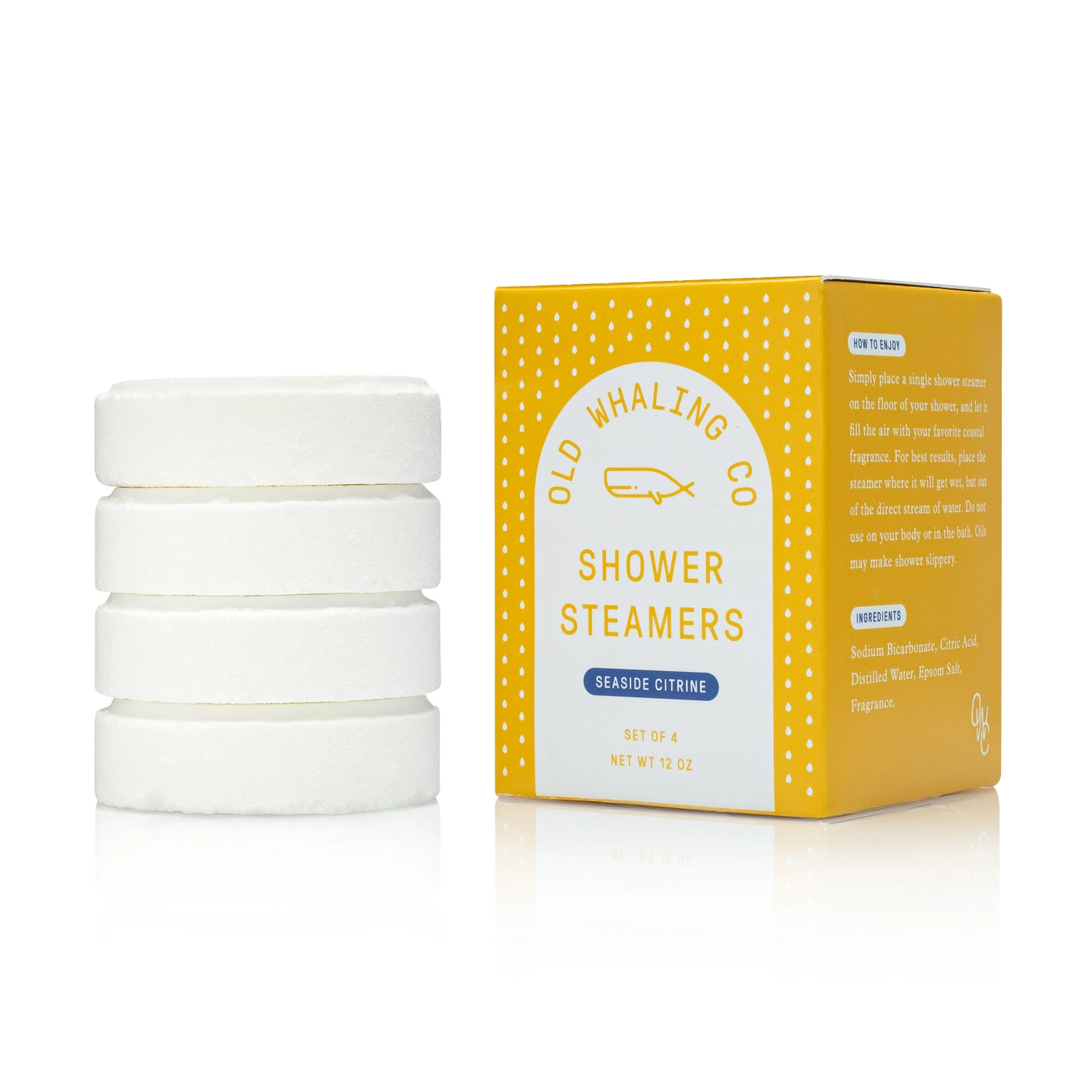 White shower steamers with a yellow and white box labeled 'Old Whaling Co. Shower Steamers' on a white background.
