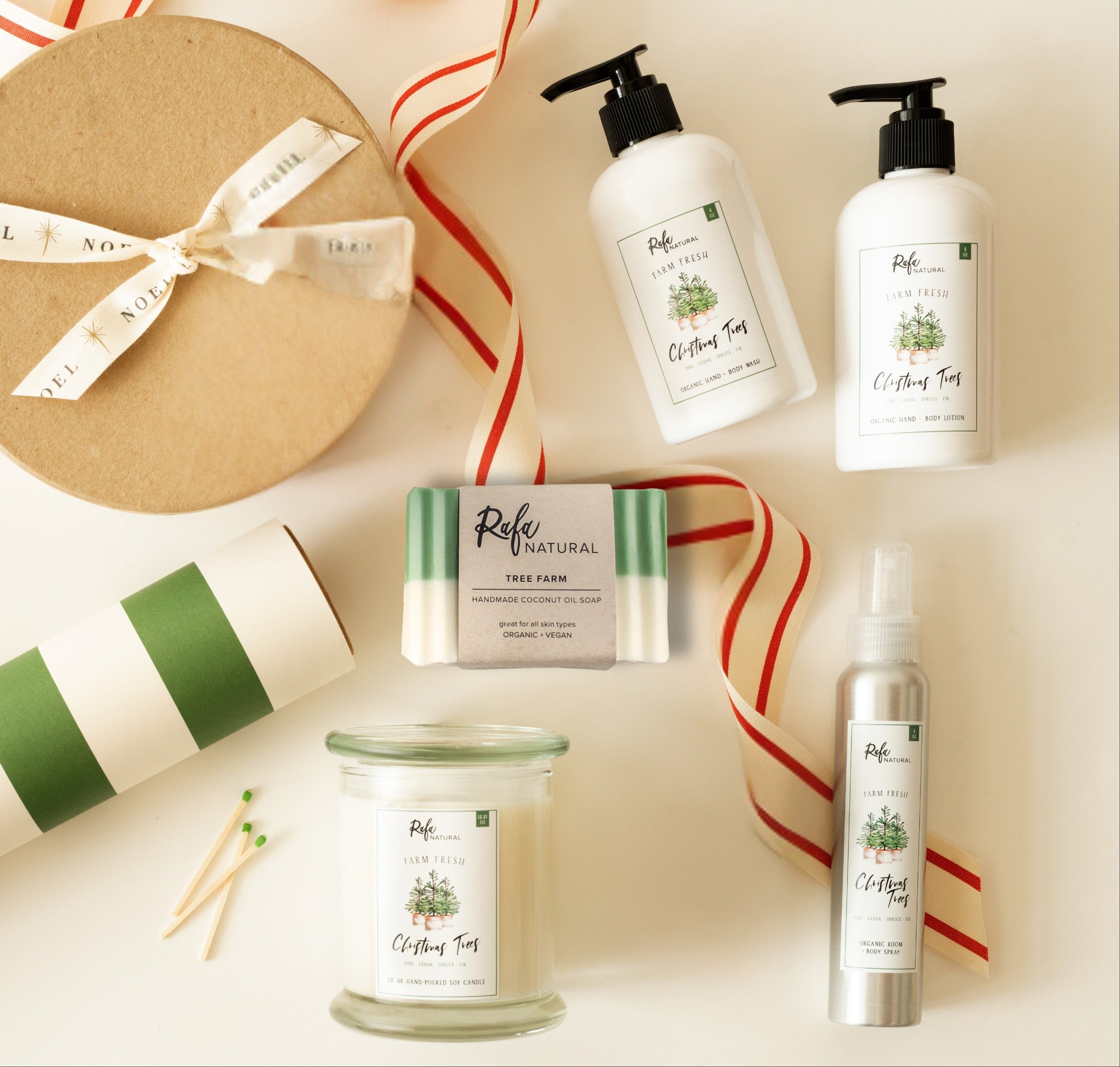 Collection of Refa natural skincare products with a gift box and ribbons on a light background