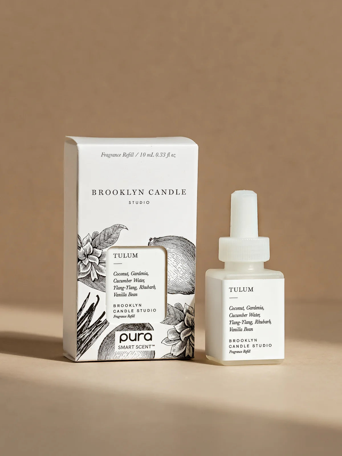 Brooklyn Candle Studio Tulum fragrance refill box and bottle on a beige background
